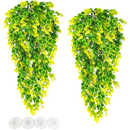 Hamiledyi Reptile Plants Hanging Terrarium Plants Artificial Leaves Habitat Decorations with Suction Cup Green and Yellow Fake Amphibian Plants for Bearded Dragon Lizard Geckos Chameleon（2 Pack） - size: 2 PCS