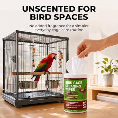 Bird Cage Cleaning Wipes, Unscented Bird Cage Cleaner Wipes for Parrot, Parakeet, Finch & Small Birds, Quick Spot Cleaning for Cages, Perches, Feeders & Trays, 2 Pack 120 Wipes
