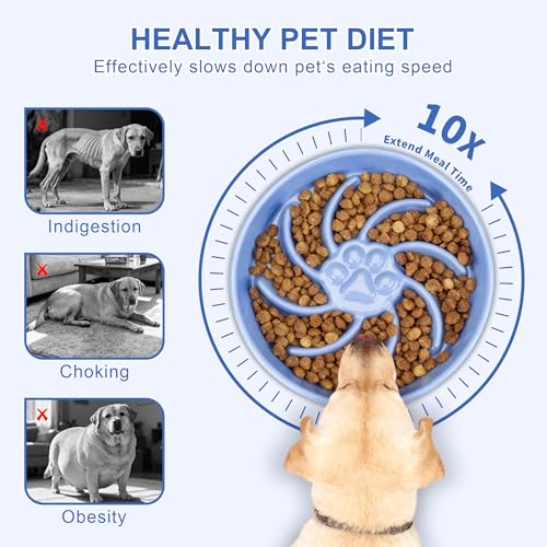 Ceramic Slow Feeder Dog Bowl, 3 Cup Dog Food or 25oz Water, Slow Eating Bowl for Middle Breed, Maze Puzzle Feeder for Fast Eaters, Anti-Choking Stop Bloat, Non-Slip BPA Free (Blue) - color: Blue