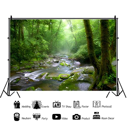 10x8ft Peaceful Forest Photography Backdrop for Outdoor Rustic Travel Theme Banner Decoration Stones Stream Trees Rainforest Jungle Plant Background Polyester Fabric Adults Portrait Photo - size: 10x8ft-P