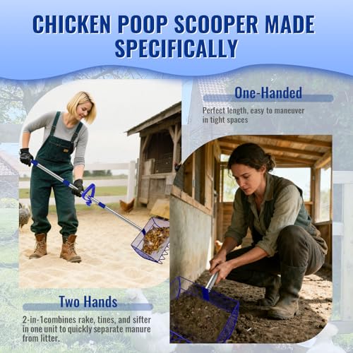 2-in-1 Chicken Coop Scooper: Extra Large 12” Poop Scooper & Rake with Adjustable Handle (37”-65”) | Heavy-Duty Metal Shovel for Quick Pet Waste, Rabbit, Guinea, Barn Cleaning | US Patent Pending, Blue - color: Blue