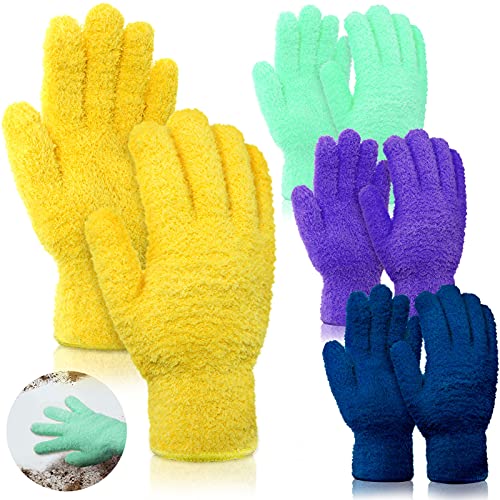 Patelai 4 Pairs Microfiber Plant Dusting Gloves Reusable Leaf Dust Cleaning Glove Mittens for Plants House Cleaning Car Blinds(Green, Dark Blue, Yellow, Purple)