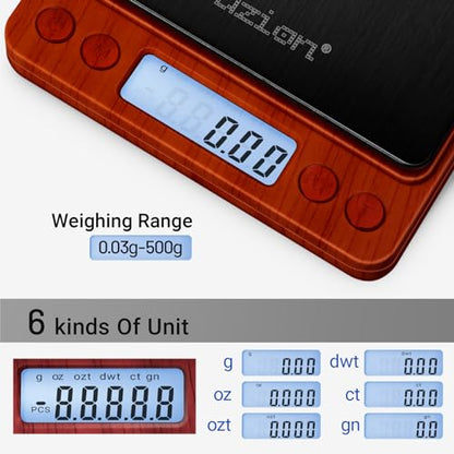 Fuzion Digital Scale .01 Gram Accuracy, 500g Small Kitchen Food Scales | 2 Trays Included for Jewelry, Gold, Herb, Powder, Spice, Coffee, Coin - Weight Gram and Oz - color: Wood Grain