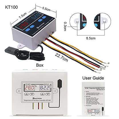 KT100 Humidity Temperature Controller 120V Thermostat Humidistat Control | 10A Direct Output with 1.5m Temperature Humidity Sensor 10~99%RH, -58~176°F