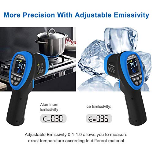 HOLDPEAK IR Thermometer with Color LCD Display -58℉~3272℉ D:S=50:1 Non-Contact Thermometer Gun, Nine Laser Pointer Adjustable Emissivity for Cooking, Grill, Industrial - color: 1PC-HP-1800C-BLUE(Color Screen -50~1800℃)