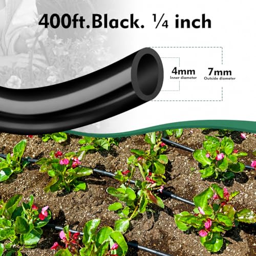 400FT 1/4” Drip Irrigation Tubing, 7mm OD x 4mm ID Hose, Black | Durable UV-Resistant Hose, Compatible with 1/4" Barbed Tees, Micro-Emitters & Misters for Home Garden Watering Systems - size: 400FT