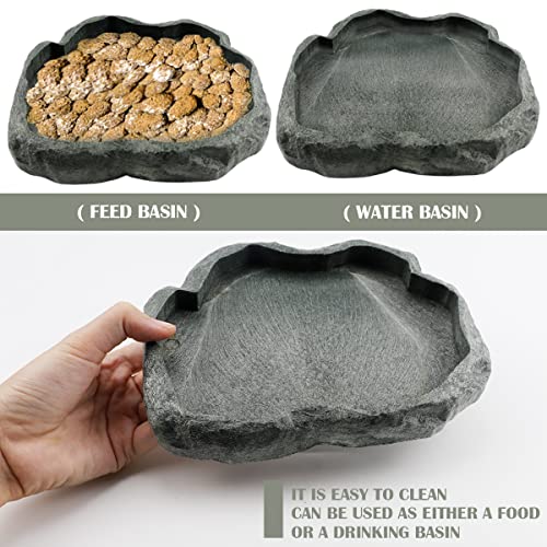 Reptile Water Dish Bowl Resin Rock Reptile Food and Water Feeder Pet Aquarium Ornament Terrarium Plate for Tortoise Lizard (Drak Green Large)