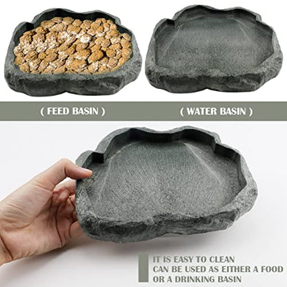 Reptile Water Dish Bowl Resin Rock Reptile Food and Water Feeder Pet Aquarium Ornament Terrarium Plate for Tortoise Lizard (Drak Green Large)