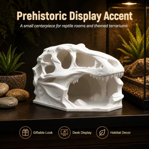3D Printed Reptile Hide Skull Cave, T Rex Head Terrarium Decor for Leopard Gecko Juvenile Corn Snake Lizard Habitat, White Accent for Small Pets, 3.94 in