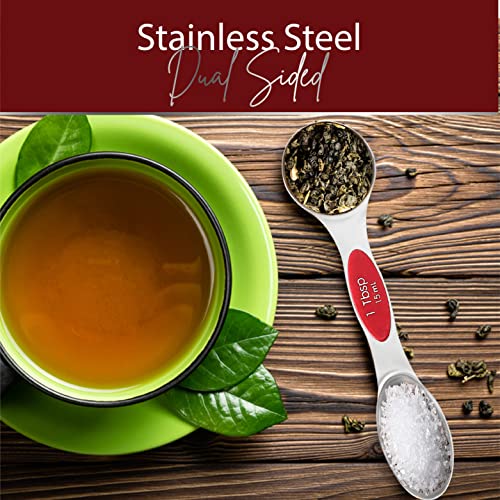 Magnetic Measuring Spoons Set of 9 Stainless Steel Dual-Sided Stackable Measuring Spoon Nesting Teaspoons Measuring Dry and Liquid Ingredients, Fits in Spice Jars Set of 9 (Red) - color: Red