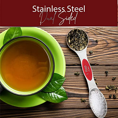 Magnetic Measuring Spoons Set of 9 Stainless Steel Dual-Sided Stackable Measuring Spoon Nesting Teaspoons Measuring Dry and Liquid Ingredients, Fits in Spice Jars Set of 9 (Red) - color: Red