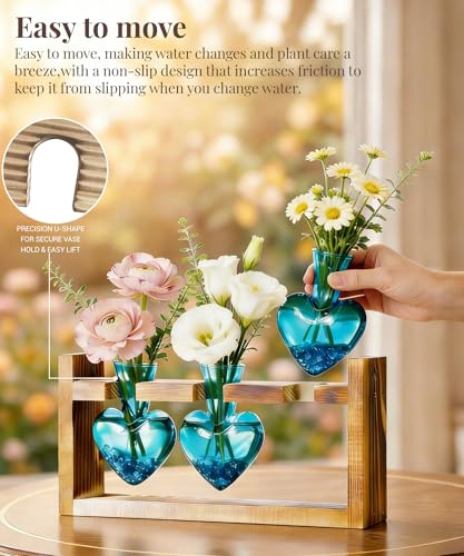 Nacome Plant Terrarium with Wooden Stand, 3 Heart Bulb Glass Vases | Wooden Stand Tabletop for Air Planter, Gifts for Mom Plant Lovers Mom Women Wife Grandma - color: Blue