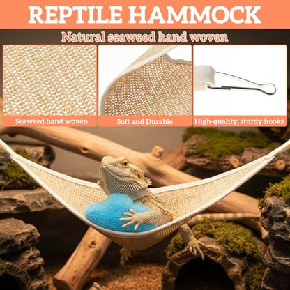 2Pcs Bearded Dragon Hammock, Breathable Straw-Woven Reptile Hammock Lizard Tank Accessories, Triangle Geckos Hammocks for Bearded Dragons, Snakes, and Axolotls, Perfect Beard Dragon Tank Accessories