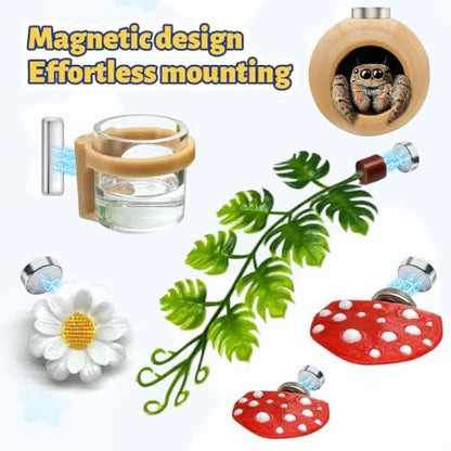 Jumping Spider Enclosure Starter Kit, Small Reptile Terrarium Accessories Set, All-in-One Reptile Tank with Magnetic Plant Holder, Hide, Water Dispenser, Decorations, 4.7"x4.7"x7.8" Fairy Tale Theme