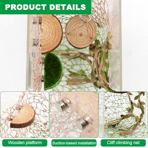 Jumping Spider Habitat Decor Set, 7-Piece Enclosure Climbing Kit | Includes 2 glitter webs, 3 wood platforms, 1 swing, and 1 rope bridge for climbing, resting, and styling enclosures