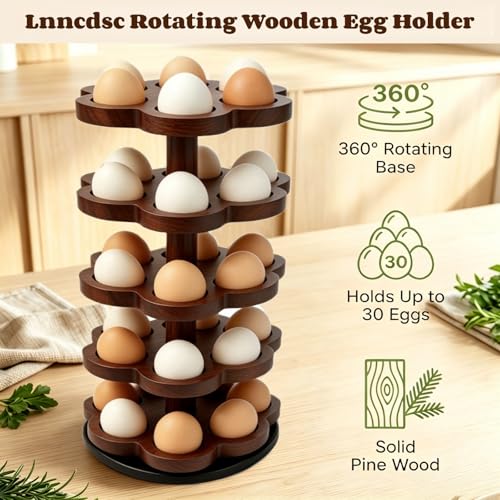 360° Rotating Wooden Egg Holder for 30 Eggs (Brown) | petal-shaped tray, 5 tiers, 6 egg slots per layer, solid wood, farmhouse countertop organizer, for kitchen and Easter display - color: Brown
