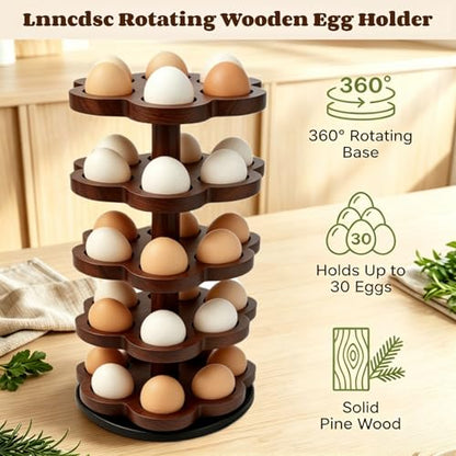360° Rotating Wooden Egg Holder for 30 Eggs (Brown) | petal-shaped tray, 5 tiers, 6 egg slots per layer, solid wood, farmhouse countertop organizer, for kitchen and Easter display - color: Brown