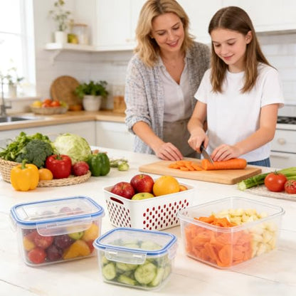 Fruit Storage Containers for Fridge, 4 in 1 Food Storage Container, Produce Storage Containers with Lid and Strainer, Including Drain Basket, Multipurpose Large Fruit Containers for Fridge-3PCS White