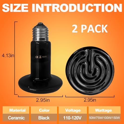 BNOSDM 2 Pack 50W Non-Light Emitting Ceramic Heat Emitter, Reptile Heat Lamp Bulbs, Brooder Coop Heater Lamp Bulb for Amphibian Reptiles Lizard Turtle Chicken - color: Pack of 2/Black, size: 50 Watts