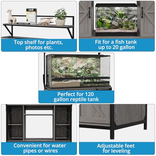 VOWNER 48"x24" Reptile Tank Stand with Power Outlet & Storage Cabinet, Grey | Fits up to 120 Gallon Bearded Dragon Tank, Sliding Barn Doors, Heavy Duty Aquarium Stand, Reptile Turtle Terrarium Stand - color: Grey