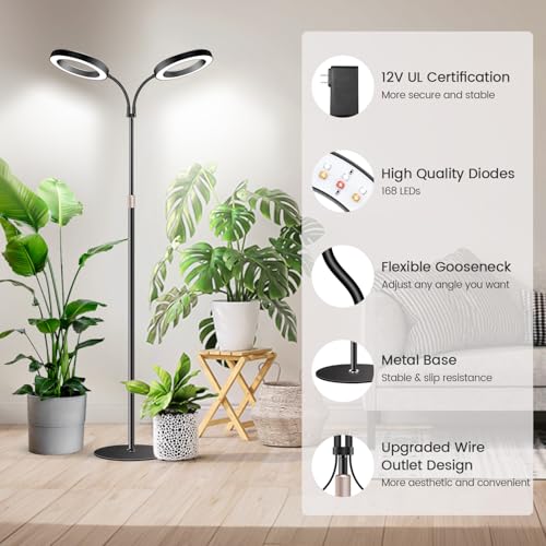 Halo Grow Lights, Dual-Head 6000K LED Floor Plant Light with Base | Full Spectrum 168LEDs Grow Lamp, 3 Color Modes, Timer 6/12/16H, 5 Dimmable Levels, 67'' Adjustable Height, Gooseneck - size: Dual Head（Height 67'')