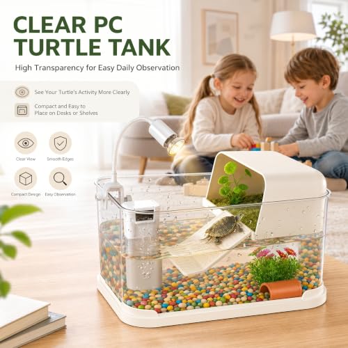 Baby Turtle Tank Starter Kit with UVA/UVB Lamp and Water Filter | Clear PC habitat with cream-white base, textured climbing ramp, ceramic hideout, four plants, grass mat and cleaning sponge