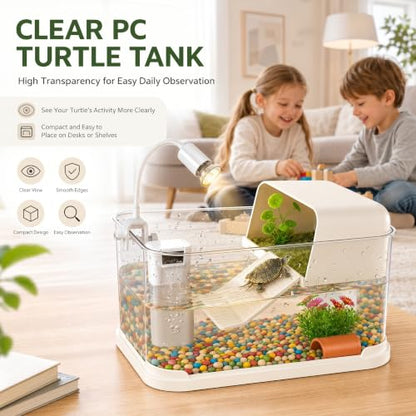 Baby Turtle Tank Starter Kit with UVA/UVB Lamp and Water Filter | Clear PC habitat with cream-white base, textured climbing ramp, ceramic hideout, four plants, grass mat and cleaning sponge