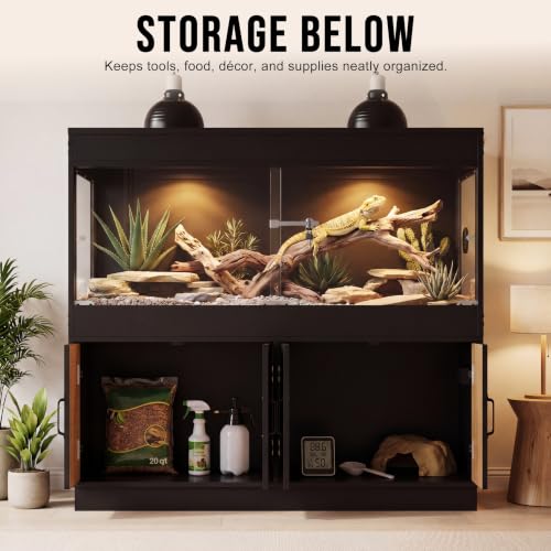 120 Gallon Reptile Terrarium Tank and Storage Cabinet, Black Finish | 4x2x2 Reptile terrarium with stand, glass doors, locking mesh top, acrylic side panels, built-in power, storage cabinet - color: Black