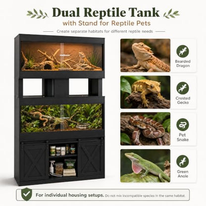 Cushore Double 4x2x2 Reptile Enclosure with Stand, Albizia Solid Wood-Core 120 Gallon Reptile Terrarium, Bearded Dragon Tank Stand with Sliding Door and 2 Cabinets for Lizard, Crested Gecko, Black