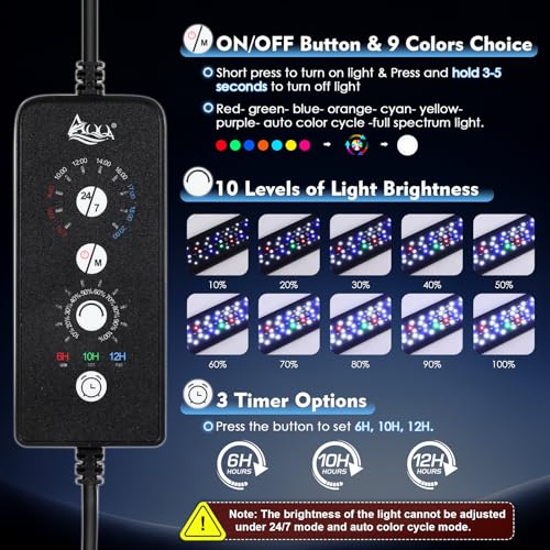 AQQA LED Aquarium Light, 24/7 Mode High Lumen Full Spectrum Fish Tank Light | DIY Mode, Adjustable Timer/Brightness, Extendable Bracket, Memory Function, IP68 Waterproof, Fits for 18–25 Inch Tanks - size: For 18'' - 25'' Tank