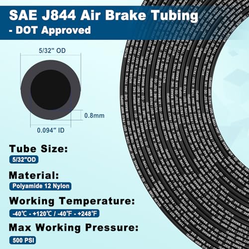 5/32" DOT Air Line, 35FT SAE J844 PA12 Nylon Air Tubing with Cutter | 5/32" DOT-Approved Brake Line, Flexible PA12 Nylon Tubing for Air Suspension Kit, Truck Trailer Brake System & Fluid Transfer - size: 5/32" OD 35FT