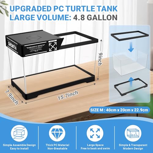 GOZILLA Turtle Tank Kit(Tank+Lamp+Filter), Upgrade PC Turtle Tank Starter Kit with Adjustable Lamp & Filter, Reptile Hideout Habitat with Lid for Small Reptiles.(15.75 × 7.9 × 9''/Black Kit) - color: Medium-Hideout-KIT