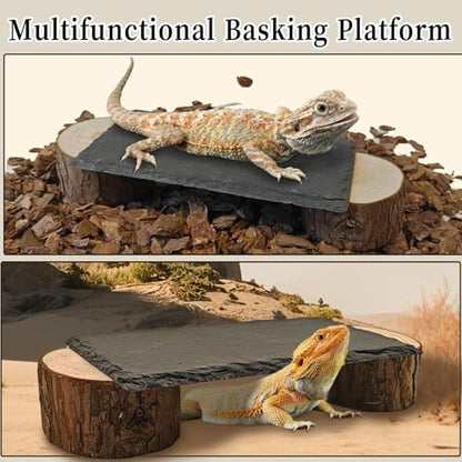 Bearded Dragon Basking Platform,Reptile Slate Rocks with Wooden Pile,Leopard Gecko Hides and Caves Climbing Tank Accessories for Lizards Snakes Tortoise Ball Python(Small)