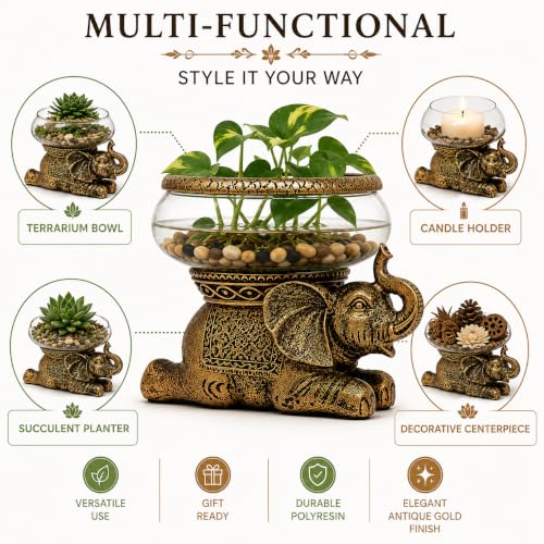 Good Luck Elephant Terrarium Bowl, Antique Gold | Elephant Figurine with Removable Glass Bowl, Succulent Planter, Candle Holder, Air Plant Display, Zen Home Décor Accent - color: Gold Antiqued Elephant Glass