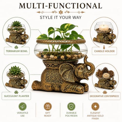 Good Luck Elephant Terrarium Bowl, Antique Gold | Elephant Figurine with Removable Glass Bowl, Succulent Planter, Candle Holder, Air Plant Display, Zen Home Décor Accent - color: Gold Antiqued Elephant Glass