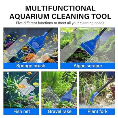 5 in 1 Fish Tank Cleaner Kit Aquarium Cleaning Tools with 19 Inch Anti-Slip Handle Fish Tank Cleaner with Algae Scraper and Fish Net - size: Length 19inch