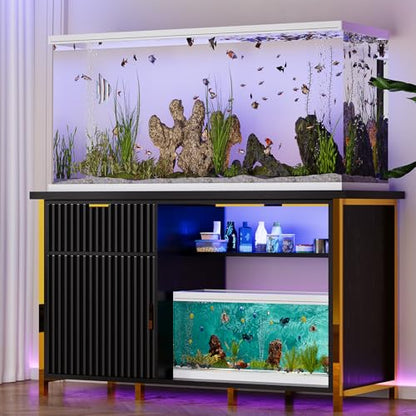 55-75 Gallon Fish Tank Stand, Aquarium Stand with LED Light, Black & Gold | 49 x 20 In Top, Modern Fluted Design, 2 Outlets, 2 USB Ports, Shelf Storage, Metal Frame Support, 1100 LBS, Turtle Tank Stand - color: Black and Gold