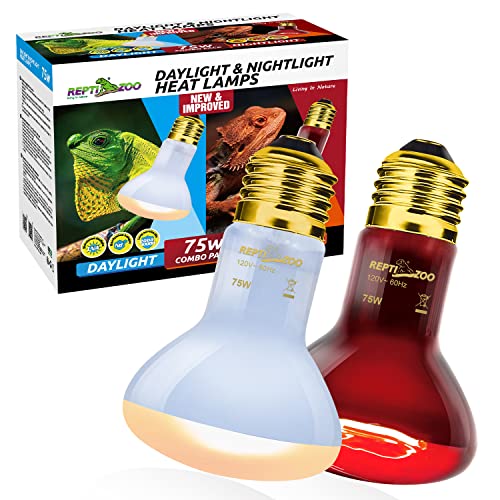 REPTI ZOO 75W Reptile Heat Lamp Combo Pack, 2PCS Day & Night Basking Spot Light, UVA Daylight Heating Lamp Basking Bulb and Infrared Heat Emitter Red Heat Lamp