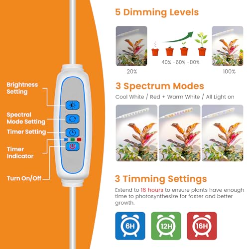 Kullsinss Clip-on Grow Lights for Indoor Plants, 57 LEDs 10W Plant Light | Full Spectrum Growing Lamp with Timer & Dimmable, White Gooseneck Plant Lamp for Succulents, Seed Starting, Easy to Use & Set - size: 1 Head-White