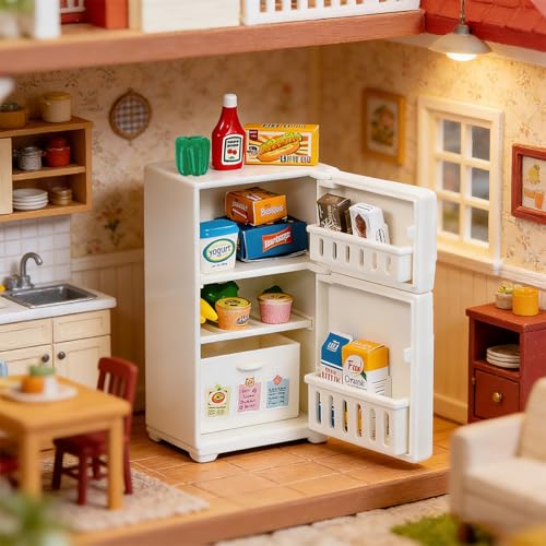 17Pcs 1:12 Scale Dollhouse Fridge Kitchen Kit, Mini Food & Furniture Ornaments for Adult Micro Scene Hobby Collectors - color: Fridge Set