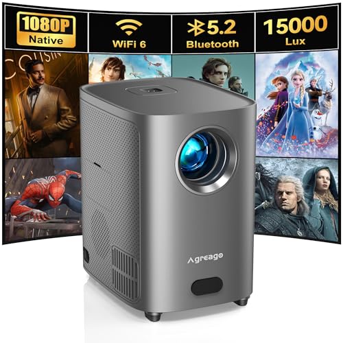 [Electric Focus] Projector with WiFi and Bluetooth, Native 1080P 15,000 Lumens 4K Supported, Agreago Outdoor Movie Projector for Home Theater UP to 300", for iOS/Android/TV Stick/HDMI/USB (Gray)