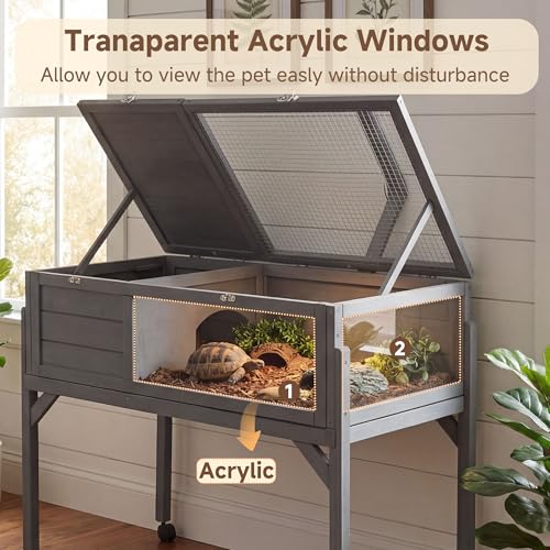 Large Tortoise Habitat Wooden Rolling Tortoise Cage House Reptile Terrarium Enclosure with Stand Leg Wheel Fixed Tray Openable Roof Lamp Holder for Gecko Lizard Snake Small Animal Cage Gray