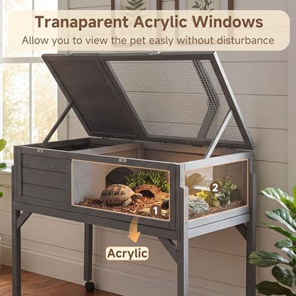 Large Tortoise Habitat Wooden Rolling Tortoise Cage House Reptile Terrarium Enclosure with Stand Leg Wheel Fixed Tray Openable Roof Lamp Holder for Gecko Lizard Snake Small Animal Cage Gray