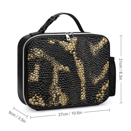 Snake Skin Pattern Insulated Lunch Bag PU 27x21x9cm | Makeup Storage Tote with Removable Handle and Mesh Side Pocket for Women Men Work Picnic Travel