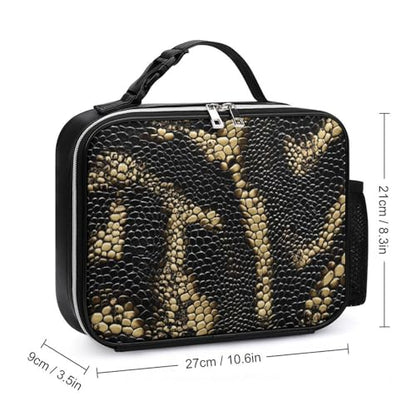 Snake Skin Pattern Insulated Lunch Bag PU 27x21x9cm | Makeup Storage Tote with Removable Handle and Mesh Side Pocket for Women Men Work Picnic Travel