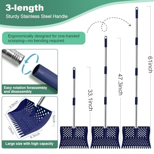 12" 2-in-1 Chicken Poop Scooper & Rake, 3-Shape Sifting Holes Chicken Coop Rake, Stainless Steel Handle (20–61") - Litter Scooper & Sand Sifting Shovel (U.S. Patent No. D1124534) - Blue - color: Blue