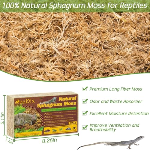 12 OZ Long Fiber Sphagnum Moss for Reptiles, 20 QT Terrarium Moss | Natural Dried Moss for Snakes Turtles Frogs Geckos Ball Pythons Bearded Dragons Lizards Tank Accessories, Moisture Retention - size: 12 OZ