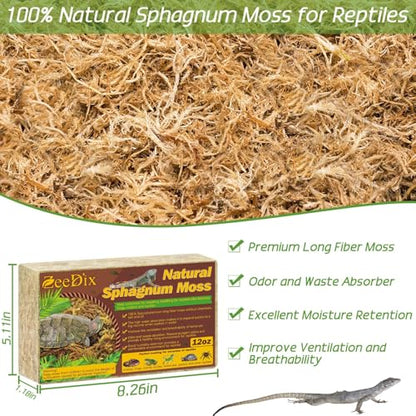 12 OZ Long Fiber Sphagnum Moss for Reptiles, 20 QT Terrarium Moss | Natural Dried Moss for Snakes Turtles Frogs Geckos Ball Pythons Bearded Dragons Lizards Tank Accessories, Moisture Retention - size: 12 OZ