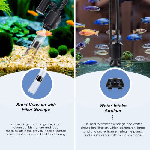 AQQA 6-in-1 Electric Aquarium Gravel Cleaner, 320GPH 20W Fish Tank Vacuum | Water Changing, Sand Washing, Filtering & Water Circulation Multi-function Cleaning Tool, Adjustable Length, Easy Operation - size: 6-in-1 Aquarium Gravel Cleaner