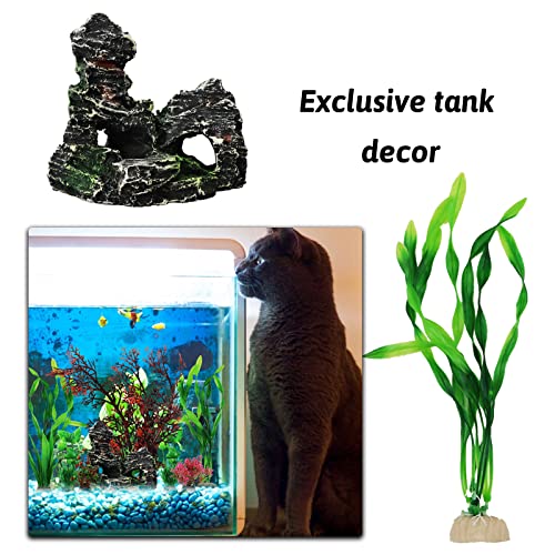 Fish Tank Decorations Plants with Resin Cave Rock View, 9pcs Aquarium Decorations Plants Plastic,Fish Tank Accessories, Fish Cave and Hideout Ornaments, Aquarium Decor